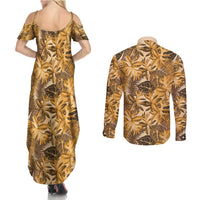 Hawaii Gold Tropical Leaves Couples Matching Summer Maxi Dress and Long Sleeve Button Shirt LT01 - Polynesian Pride