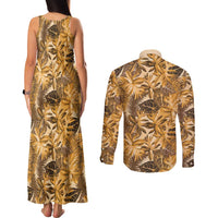 Hawaii Gold Tropical Leaves Couples Matching Tank Maxi Dress and Long Sleeve Button Shirt LT01 - Polynesian Pride