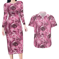 Hawaii Pink Tropical Leaves Couples Matching Long Sleeve Bodycon Dress and Hawaiian Shirt LT01 Pink - Polynesian Pride