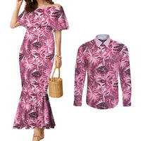 Hawaii Pink Tropical Leaves Couples Matching Mermaid Dress and Long Sleeve Button Shirt LT01 Pink - Polynesian Pride