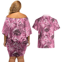 Hawaii Pink Tropical Leaves Couples Matching Off Shoulder Short Dress and Hawaiian Shirt LT01 - Polynesian Pride