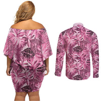 Hawaii Pink Tropical Leaves Couples Matching Off Shoulder Short Dress and Long Sleeve Button Shirt LT01 - Polynesian Pride