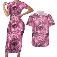 Hawaii Pink Tropical Leaves Couples Matching Short Sleeve Bodycon Dress and Hawaiian Shirt LT01 Pink - Polynesian Pride