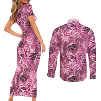 Hawaii Pink Tropical Leaves Couples Matching Short Sleeve Bodycon Dress and Long Sleeve Button Shirt LT01 - Polynesian Pride