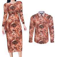 Hawaii Red Brown Tropical Leaves Couples Matching Long Sleeve Bodycon Dress and Long Sleeve Button Shirt LT01 Brown - Polynesian Pride