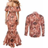 Hawaii Red Brown Tropical Leaves Couples Matching Mermaid Dress and Long Sleeve Button Shirt LT01 - Polynesian Pride