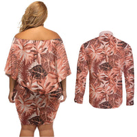 Hawaii Red Brown Tropical Leaves Couples Matching Off Shoulder Short Dress and Long Sleeve Button Shirt LT01 - Polynesian Pride