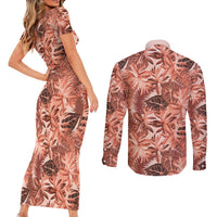 Hawaii Red Brown Tropical Leaves Couples Matching Short Sleeve Bodycon Dress and Long Sleeve Button Shirt LT01 - Polynesian Pride