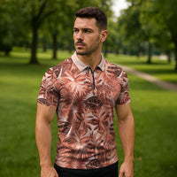Hawaii Red Brown Tropical Leaves Zipper Polo Shirt - Polynesian Pride