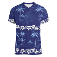Blue Hawaii Palm Tree Hibiscus Women V-Neck T-Shirt Fantasy Summer Vibe LT01 Female Blue - Polynesian Pride