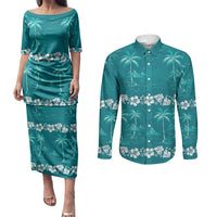 Cyan Hawaii Palm Tree Hibiscus Couples Matching Puletasi and Long Sleeve Button Shirt Fantasy Summer Vibe