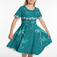 Cyan Hawaii Palm Tree Hibiscus Kid Short Sleeve Dress Fantasy Summer Vibe LT01 - Polynesian Pride