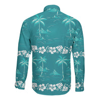 Cyan Hawaii Palm Tree Hibiscus Long Sleeve Button Shirt Fantasy Summer Vibe LT01 - Polynesian Pride