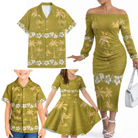 Yellow Hawaii Palm Tree Hibiscus Family Matching Off The Shoulder Long Sleeve Dress and Hawaiian Shirt Fantasy Summer Vibe LT01 - Polynesian Pride