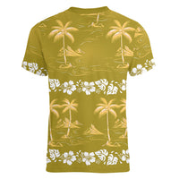 Yellow Hawaii Palm Tree Hibiscus Women V-Neck T-Shirt Fantasy Summer Vibe