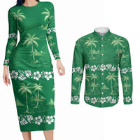 Green Hawaii Palm Tree Hibiscus Couples Matching Long Sleeve Bodycon Dress and Long Sleeve Button Shirt Fantasy Summer Vibe LT01 Green - Polynesian Pride
