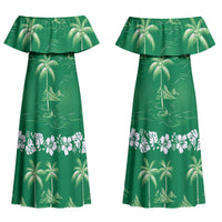 Green Hawaii Palm Tree Hibiscus Couples Matching Off Shoulder Maxi Dress and Hawaiian Shirt Fantasy Summer Vibe LT01 - Polynesian Pride
