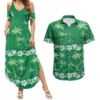 Green Hawaii Palm Tree Hibiscus Couples Matching Summer Maxi Dress and Hawaiian Shirt Fantasy Summer Vibe LT01 Green - Polynesian Pride