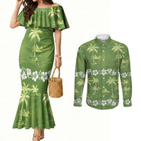Olive Green Hawaii Palm Tree Hibiscus Couples Matching Mermaid Dress and Long Sleeve Button Shirt Fantasy Summer Vibe LT01 Olive - Polynesian Pride