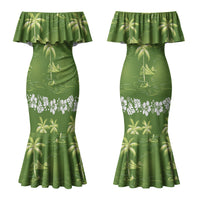 Olive Green Hawaii Palm Tree Hibiscus Couples Matching Mermaid Dress and Long Sleeve Button Shirt Fantasy Summer Vibe LT01 - Polynesian Pride