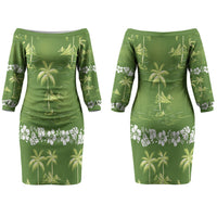 Olive Green Hawaii Palm Tree Hibiscus Couples Matching Off The Shoulder Long Sleeve Dress and Long Sleeve Button Shirt Fantasy Summer Vibe LT01 - Polynesian Pride