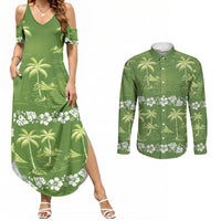 Olive Green Hawaii Palm Tree Hibiscus Couples Matching Summer Maxi Dress and Long Sleeve Button Shirt Fantasy Summer Vibe LT01 Olive - Polynesian Pride