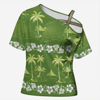 Olive Green Hawaii Palm Tree Hibiscus Cross Shoulder Shirt Fantasy Summer Vibe LT01 Female Olive - Polynesian Pride