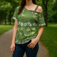 Olive Green Hawaii Palm Tree Hibiscus Cross Shoulder Shirt Fantasy Summer Vibe LT01 - Polynesian Pride