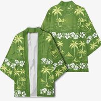 Olive Green Hawaii Palm Tree Hibiscus Kimono Fantasy Summer Vibe LT01 - Polynesian Pride