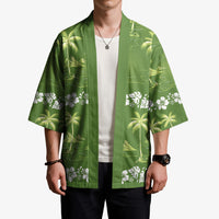 Olive Green Hawaii Palm Tree Hibiscus Kimono Fantasy Summer Vibe LT01 - Polynesian Pride