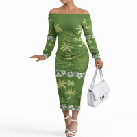 Olive Green Hawaii Palm Tree Hibiscus Off The Shoulder Long Sleeve Dress Fantasy Summer Vibe