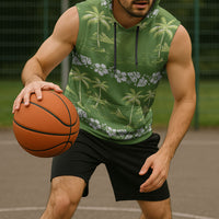 Olive Green Hawaii Palm Tree Hibiscus Sleeveless Hoodie Fantasy Summer Vibe LT01 - Polynesian Pride