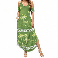 Olive Green Hawaii Palm Tree Hibiscus Summer Maxi Dress Fantasy Summer Vibe LT01 Women Olive - Polynesian Pride