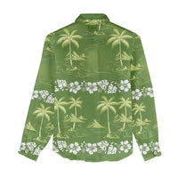 Olive Green Hawaii Palm Tree Hibiscus Women Casual Shirt Fantasy Summer Vibe