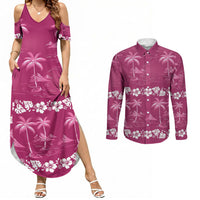 Pink Hawaii Palm Tree Hibiscus Couples Matching Summer Maxi Dress and Long Sleeve Button Shirt Fantasy Summer Vibe LT01 Pink - Polynesian Pride