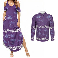 Purple Hawaii Palm Tree Hibiscus Couples Matching Summer Maxi Dress and Long Sleeve Button Shirt Fantasy Summer Vibe LT01 Purple - Polynesian Pride