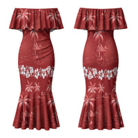 Red Hawaii Palm Tree Hibiscus Couples Matching Mermaid Dress and Long Sleeve Button Shirt Fantasy Summer Vibe LT01 - Polynesian Pride