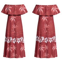 Red Hawaii Palm Tree Hibiscus Couples Matching Off Shoulder Maxi Dress and Long Sleeve Button Shirt Fantasy Summer Vibe LT01 - Polynesian Pride