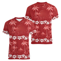 Red Hawaii Palm Tree Hibiscus Women V-Neck T-Shirt Fantasy Summer Vibe