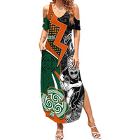 New Zealand and Ireland Rugby Family Matching Summer Maxi Dress and Hawaiian Shirt Silver Fern With Shamrock 2023 World Cup LT01 Mom's Dress Art - Polynesian Pride