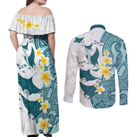 Maori Manta Ray Plumeria Teal Couples Matching Off Shoulder Maxi Dress and Long Sleeve Button Shirt LT01 - Polynesian Pride