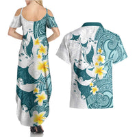Maori Manta Ray Plumeria Teal Couples Matching Summer Maxi Dress and Hawaiian Shirt