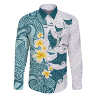 Maori Manta Ray Plumeria Teal Family Matching Mermaid Dress and Hawaiian Shirt