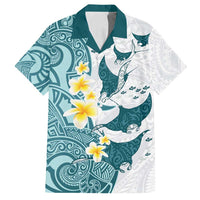 Maori Manta Ray Plumeria Teal Family Matching Off Shoulder Maxi Dress and Hawaiian Shirt