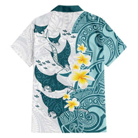 Maori Manta Ray Plumeria Teal Family Matching Off Shoulder Maxi Dress and Hawaiian Shirt