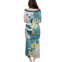 Maori Manta Ray Plumeria Teal Family Matching Puletasi and Hawaiian Shirt