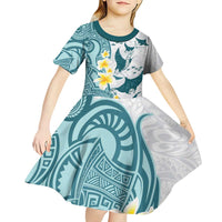 Maori Manta Ray Plumeria Teal Kid Short Sleeve Dress