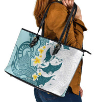 Maori Manta Ray Plumeria Teal Leather Tote Bag LT01 - Polynesian Pride