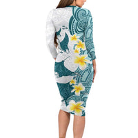 Maori Manta Ray Plumeria Teal Long Sleeve Bodycon Dress
