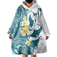 Maori Manta Ray Plumeria Teal Wearable Blanket Hoodie LT01 - Polynesian Pride